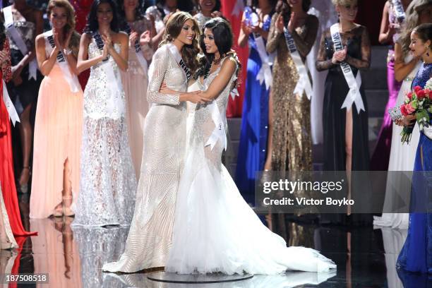 Gabriela Isler and Patricia Yurena Rodriguez await the judges' decision during the Miss Universe Pageant Competition 2013 on November 9, 2013 in...