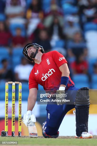 Liam Livingstone of England reacts during the 5th T20 International between the West Indies and England at the Brian Lara Cricket Academy on December...