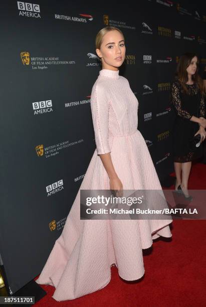 Model Suki Waterhouse attends the 2013 BAFTA LA Jaguar Britannia Awards presented by BBC America at The Beverly Hilton Hotel on November 9, 2013 in...