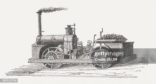 steamroller by john loudon mcadam (1756-1836), wood engraving, published 1876 - road surfacing machine stock illustrations
