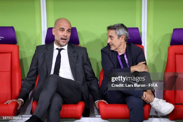 Pep Guardiola, Manager of Manchester City, speaks with Assistant Manager Juanma Lillo, prior to the FIFA Club World Cup Saudi Arabia 2023 Final...