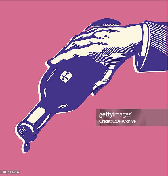 illustrazioni stock, clip art, cartoni animati e icone di tendenza di uomo versare ultima gocce di vino in bottiglia - vino