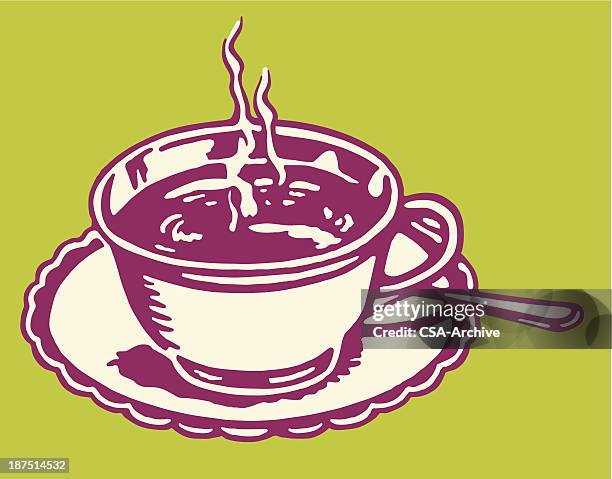 stockillustraties, clipart, cartoons en iconen met steaming hot beverage in cup on saucer - hot drink