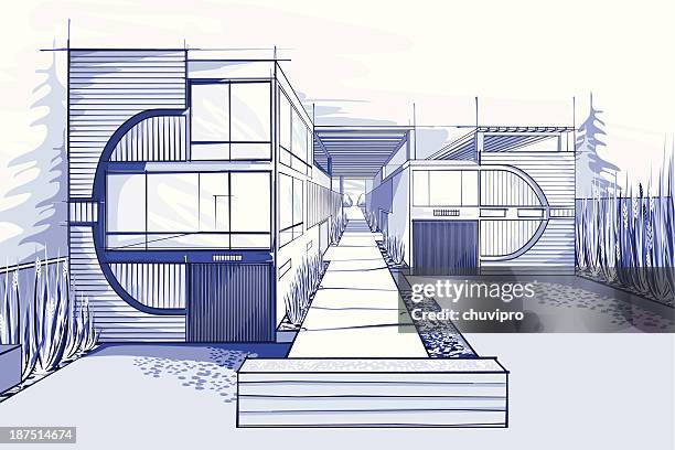 bildbanksillustrationer, clip art samt tecknat material och ikoner med modern houses illustration  in blue colors - architectural drawings