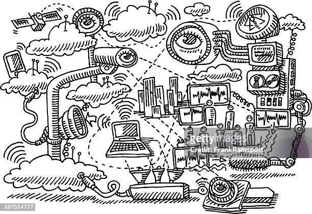 illustrazioni stock, clip art, cartoni animati e icone di tendenza di la tecnologia per la sorveglianza doodle disegno - big brother orwellian concept