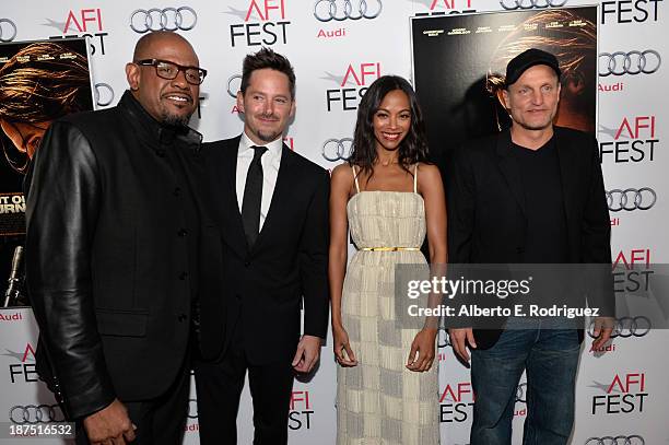 Actor Forest Whitaker, director Scott Cooper, actress Zoe Saldana, and actor Woody Harrelson attend the screening of "Out of the Furnace" during AFI...