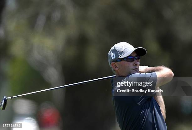 David McKenzie of Australia plays a shot on the 3rd hole during day four of the PGA Royal Pines on November 10, 2013 in Gold Coast, Australia.