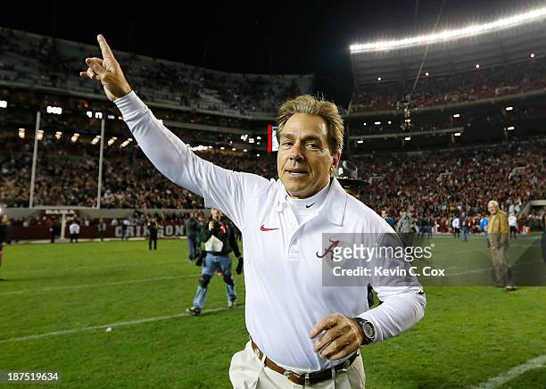 Head coach Nick Saban of the Alabama Crimson Tide celebrates their 38-17 win over the LSU Tigers at Bryant-Denny Stadium on November 9, 2013 in...