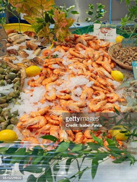 fresh seafood on ice for sale at the market, paris, france - fischmousse stock-fotos und bilder