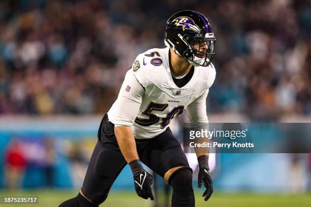 Kyle Van Noy of the Baltimore Ravens lines up during an NFL football game against the Jacksonville Jaguars at EverBank Stadium on December 17, 2023...