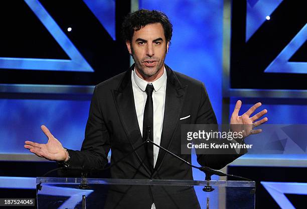 Actor Sacha Baron Cohen accepts the Charlie Chaplin Britannia Award for Excellence in Comedy onstage during the 2013 BAFTA LA Jaguar Britannia Awards...