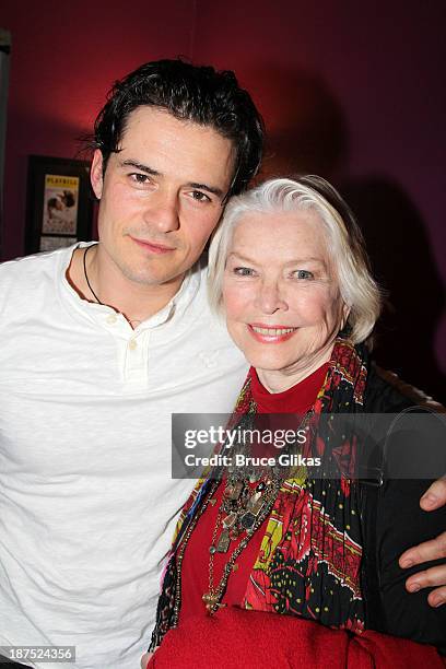 Orlando Bloom and Ellen Burstyn pose backstage at "Romeo and Juliet" on Broadway at The Richard Rogers Theater on November 9, 2013 in New York City.