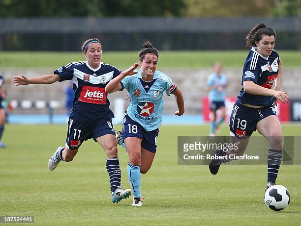 Emma Kete of Sydney FC is chased by Lisa De Vanna and Alexandra Natoli of the Victory during the round one W-League match between the Melbourne...
