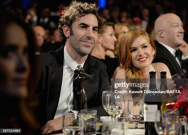 Actors Sacha Baron Cohen and Isla Fisher attend the 2013 BAFTA LA Jaguar Britannia Awards presented by BBC America at The Beverly Hilton Hotel on...