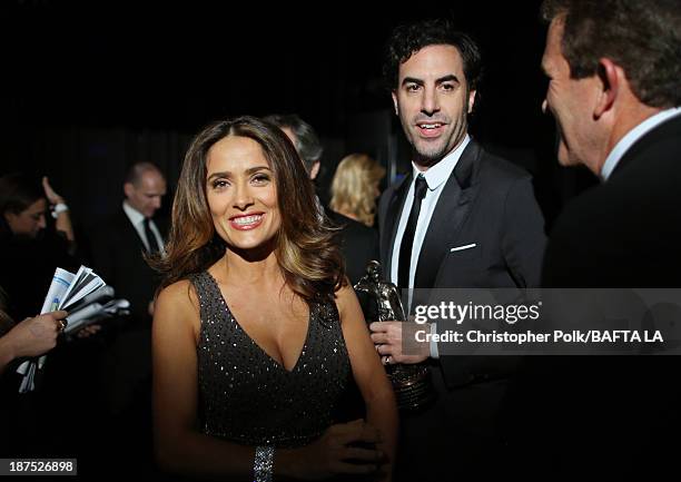 Actress Salma Hayek and actor Sacha Baron Cohen attend the 2013 BAFTA LA Jaguar Britannia Awards presented by BBC America at The Beverly Hilton Hotel...