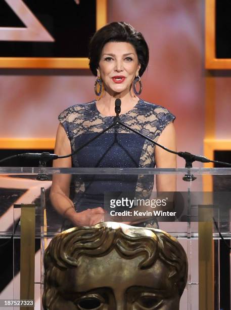 Actress Shohreh Aghdashloo speaks onstage during the 2013 BAFTA LA Jaguar Britannia Awards presented by BBC America at The Beverly Hilton Hotel on...