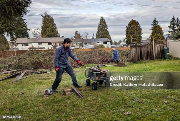 family clears fence line after a storm in canada - surrey wagons stock pictures, royalty-free photos & images