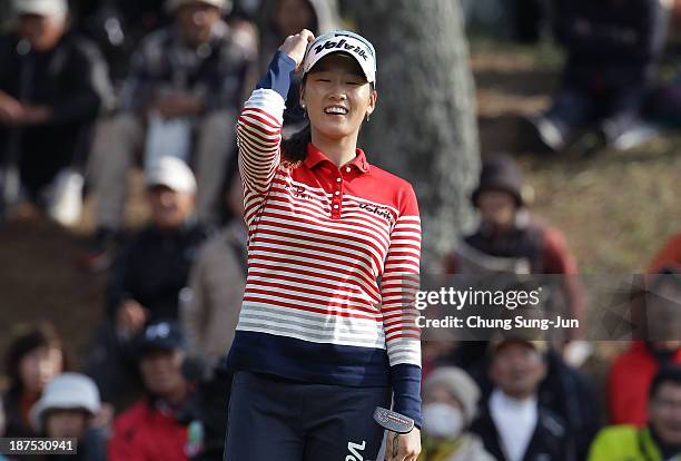 Chella Choi of South Korea reacts after a putt on the eighteenth hole during the Mizuno Classic at Kintetsu Kashikojima Country Club on November 10,...