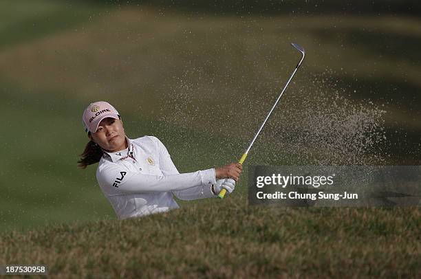 Eun-Bi Jang of South Korea plays a shot during the final round of the Mizuno Classic at Kintetsu Kashikojima Country Club on November 10, 2013 in...