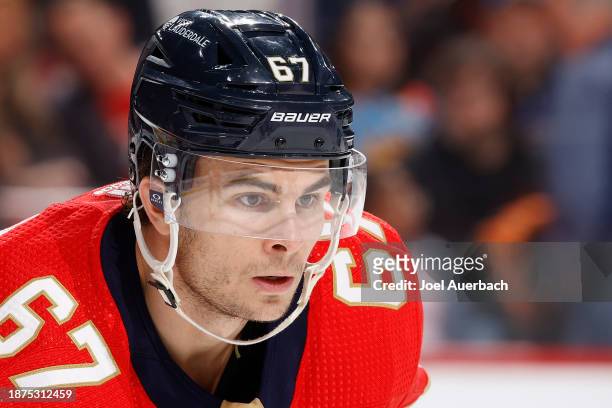 William Lockwood of the Florida Panthers prepares for a face-off against the St Louis Blues at the Amerant Bank Arena on December 21, 2023 in...