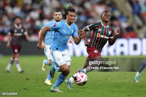 Nathan Ake of Manchester City runs with the ball during the FIFA Club World Cup Saudi Arabia 2023 Final between Manchester City and Fluminense at...