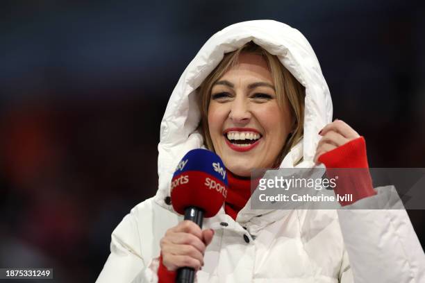 Presenter Kelly Cates reacts prior to the Premier League match between Aston Villa and Sheffield United at Villa Park on December 22, 2023 in...
