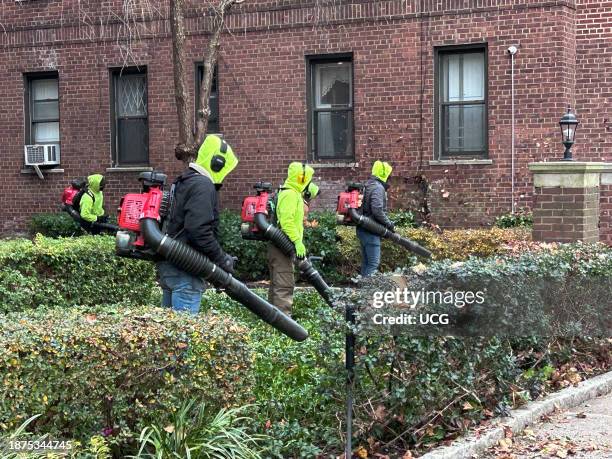 Group of gardeners using leaf blowers, Queens, New York.