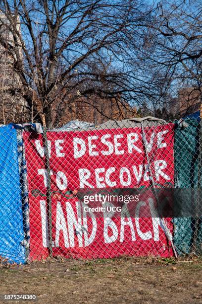 Minneapolis, Minnesota. Sign posted on the fence surrounding the homeless encampment in the East Phillips neighborhood. Minneapolis is prepared to...