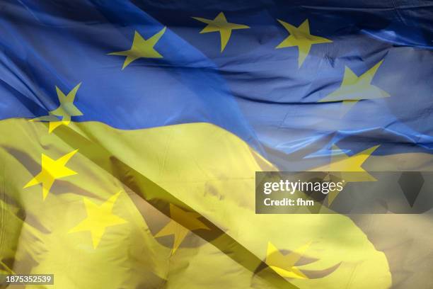 ukranian flag with eu-flag overlay - ukraine flag stock pictures, royalty-free photos & images