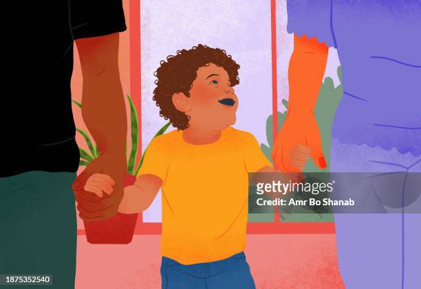 happy, multiracial boy holding hands with mother and father - family stock illustrations