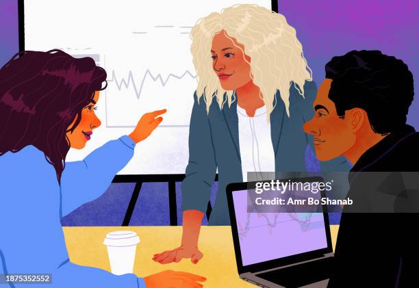 ilustraciones, imágenes clip art, dibujos animados e iconos de stock de business people reviewing data in conference room meeting - compañero de trabajo