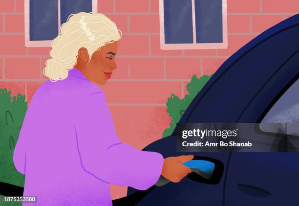 woman charging electric car in driveway - platinum stock illustrations