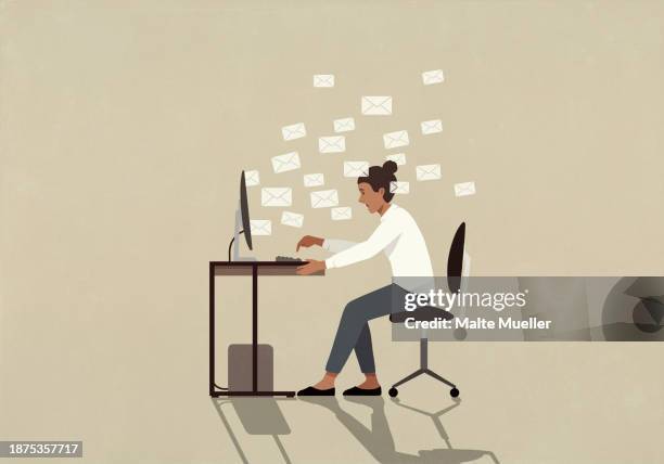 illustrations, cliparts, dessins animés et icônes de businesswoman sending emails at computer at office desk - crouler sous le travail