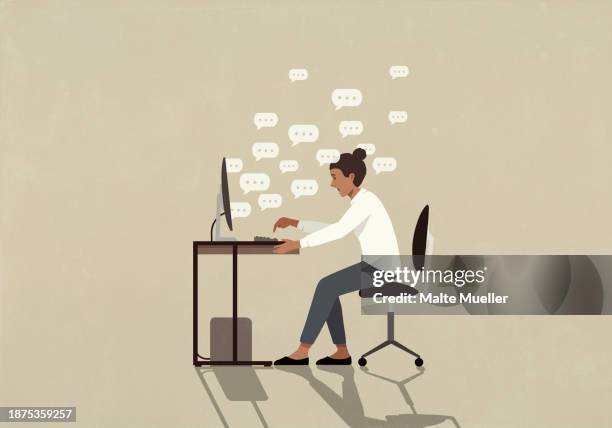 woman chatting online, working at computer on office desk - connect illustration stock illustrations