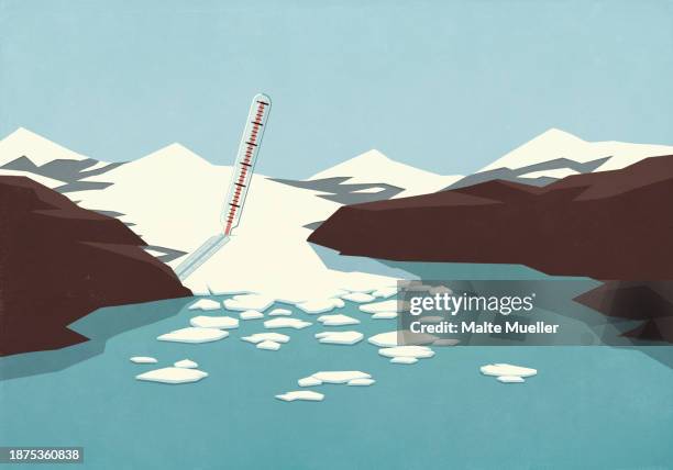 thermometer in melting glacier, global warming - climate change stock illustrations