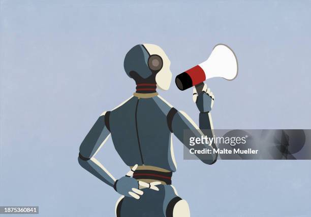 robot with bullhorn and fingers crossed behind back - artificial intelligence marketer stock-grafiken, -clipart, -cartoons und -symbole