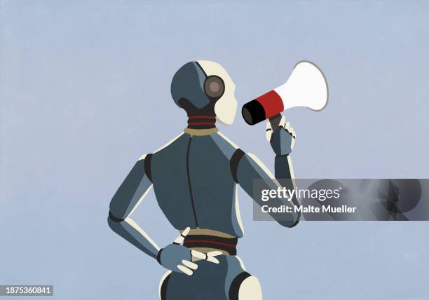 robot with bullhorn and fingers crossed behind back - digital touch stock illustrations