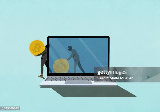 illustrazioni stock, clip art, cartoni animati e icone di tendenza di cyber thieves stealing bitcoin on laptop screen - furto
