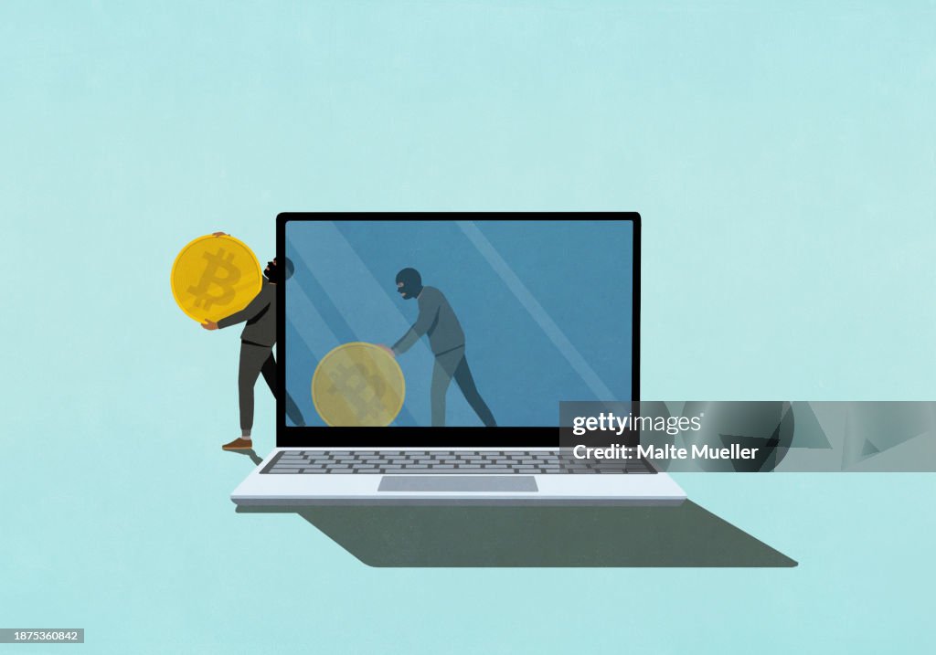 Cyber thieves stealing Bitcoin on laptop screen