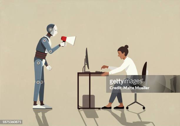 robot with megaphone yelling at businesswoman working at computer - angry woman concept stock illustrations