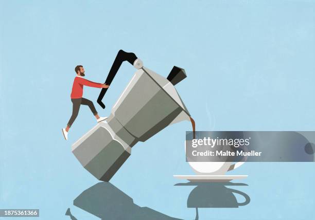 stockillustraties, clipart, cartoons en iconen met man with large moka pot pouring cup of coffee - moka pot