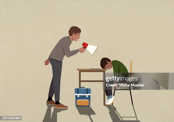 father with bullhorn yelling at tired son falling asleep while doing homework - homework stock illustrations