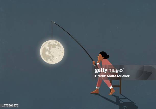 woman in pajamas with full moon on fishing pole, suffering insomnia - insomnio stock illustrations