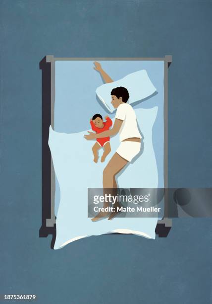 view from above father and baby son sleeping in bed - family house stock illustrations