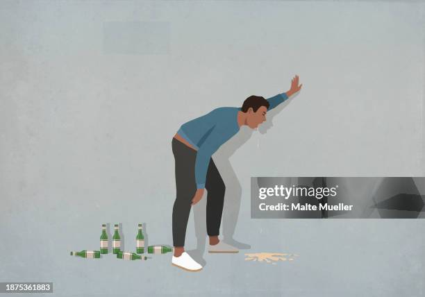 stockillustraties, clipart, cartoons en iconen met drunk man vomiting at wall - misselijkheid