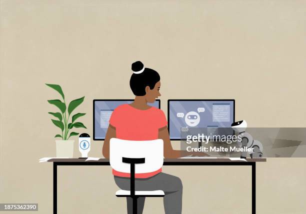 businesswoman with robot working at computers at desk - business stock illustrations