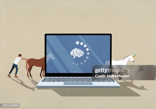 man transforming horses into unicorns through laptop screen - organized stock illustrations