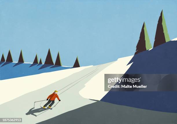 stockillustraties, clipart, cartoons en iconen met carefree skier downhill skiing on sunny, remote mountain slope - ski