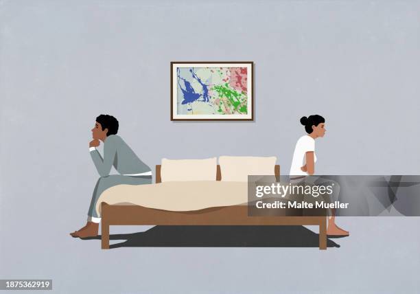 ilustrações, clipart, desenhos animados e ícones de frustrated couple sitting back to back at opposite edges of bed - stubborn