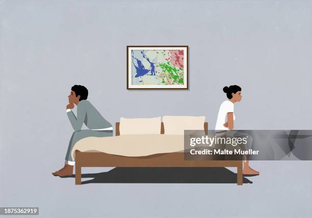 frustrated couple sitting back to back at opposite edges of bed - position stock illustrations